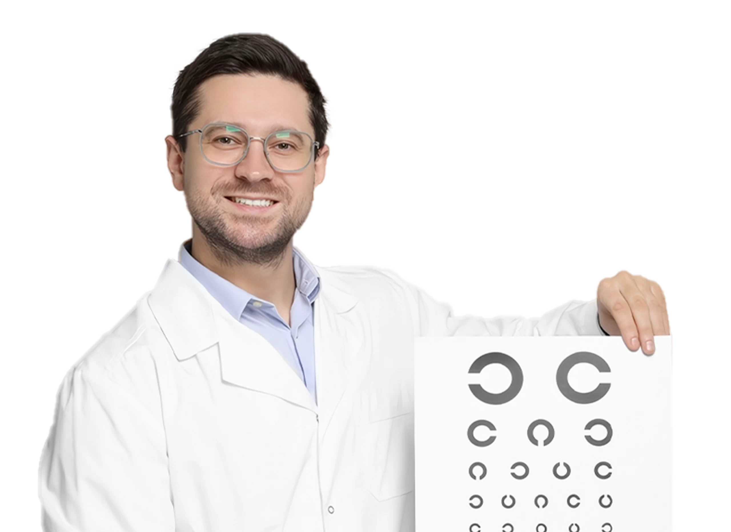 optometrista-con-letrero-de-examen-visual-elio's-optical