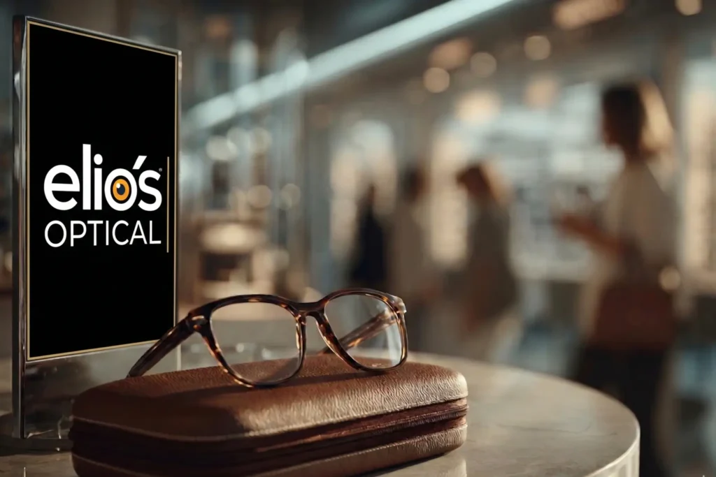 Primer plano de gafas de pasta y estuche de cuero con logotipo grabado