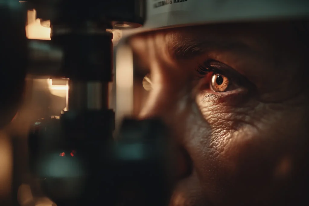 Primer plano detallado del ojo humano de una persona mayor mirando a través del visor